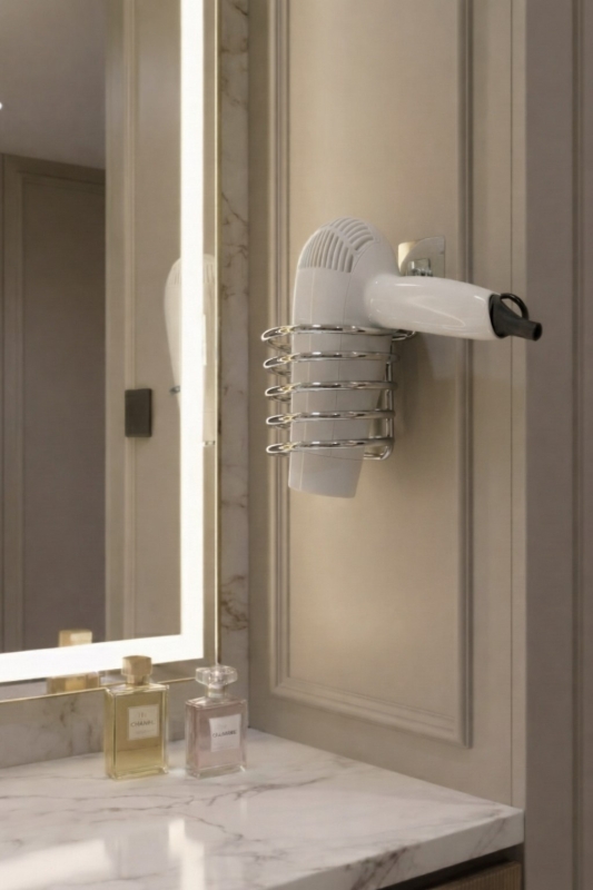 Metal Krom Yapışkanlı Saç Kurutma Makinesi Askısı - Banyo Duvar Düzenleyici MS-012 - 5