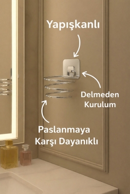 Metal Krom Yapışkanlı Saç Kurutma Makinesi Askısı - Banyo Duvar Düzenleyici MS-012 - 7