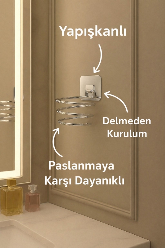 Metal Krom Yapışkanlı Saç Kurutma Makinesi Askısı - Banyo Duvar Düzenleyici MS-012 - 7