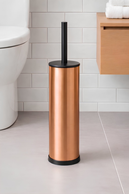 Metal Tuvalet Fırçası - Modern Banyo Klozet Fırça Takımı - Kapaklı Tasarım Titan Bakır 7000 - 1