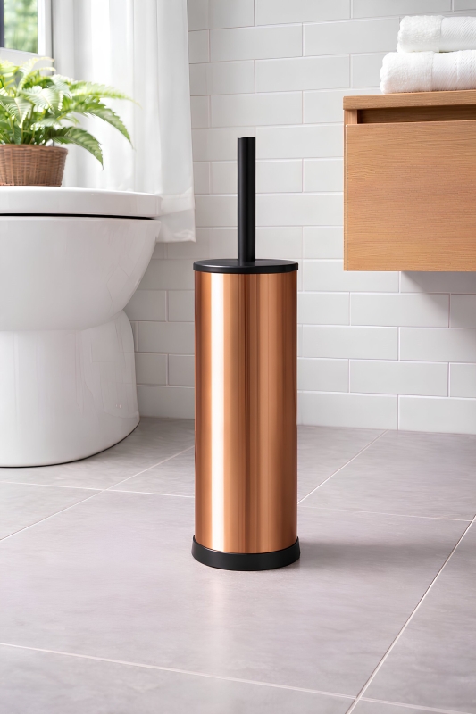Metal Tuvalet Fırçası - Modern Banyo Klozet Fırça Takımı - Kapaklı Tasarım Titan Bakır 7000 - 6