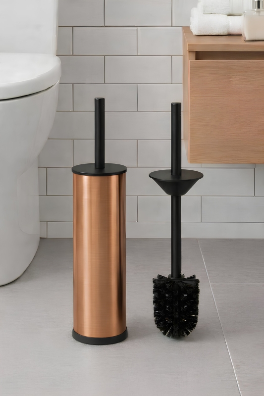 Metal Tuvalet Fırçası - Modern Banyo Klozet Fırça Takımı - Kapaklı Tasarım Titan Bakır 7000 - 7