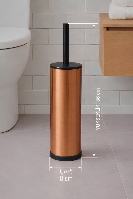 Metal Tuvalet Fırçası - Modern Banyo Klozet Fırça Takımı - Kapaklı Tasarım Titan Bakır 7000 - 8