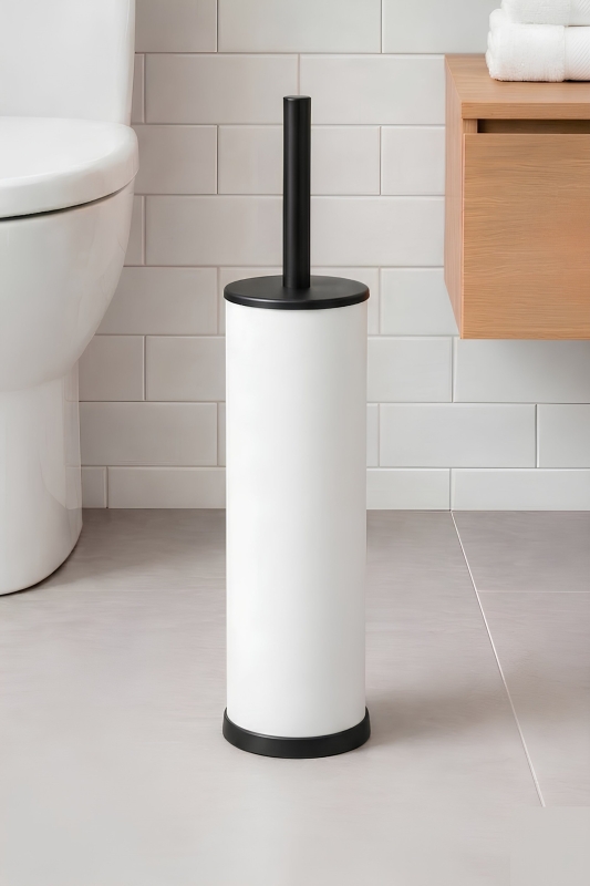 Metal Tuvalet Fırçası - Modern Banyo Klozet Fırça Takımı - Kapaklı Tasarım Titan Beyaz 7000 - 1