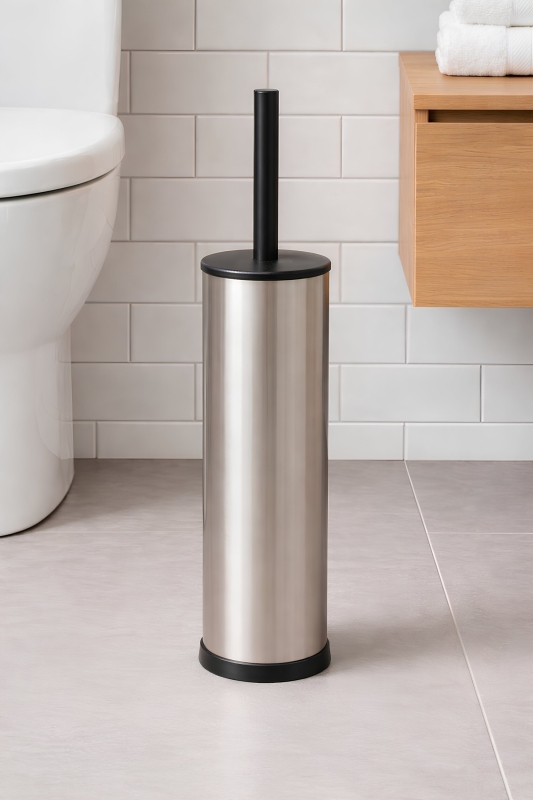 Metal Tuvalet Fırçası - Modern Banyo Klozet Fırça Takımı - Kapaklı Tasarım Titan Krom 7000 - 1