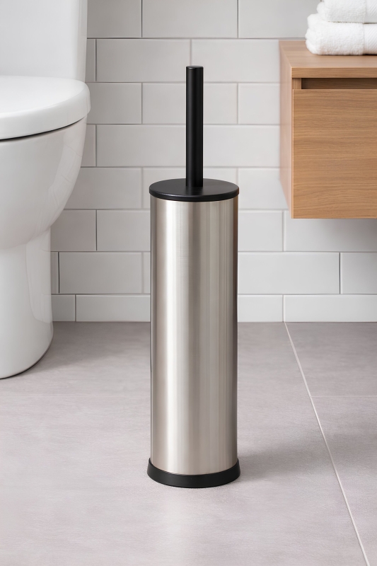 Metal Tuvalet Fırçası - Modern Banyo Klozet Fırça Takımı - Kapaklı Tasarım Titan Krom 7000 - 2
