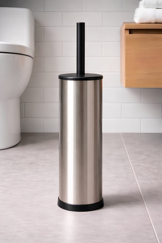 Metal Tuvalet Fırçası - Modern Banyo Klozet Fırça Takımı - Kapaklı Tasarım Titan Krom 7000 - 4