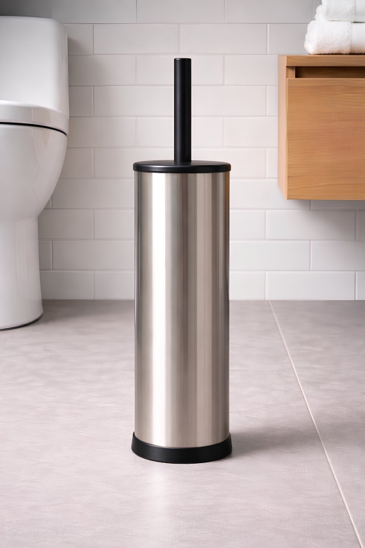 Metal Tuvalet Fırçası - Modern Banyo Klozet Fırça Takımı - Kapaklı Tasarım Titan Krom 7000 - 5