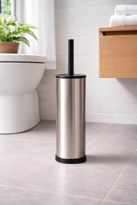 Metal Tuvalet Fırçası - Modern Banyo Klozet Fırça Takımı - Kapaklı Tasarım Titan Krom 7000 - 6