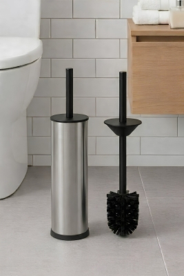 Metal Tuvalet Fırçası - Modern Banyo Klozet Fırça Takımı - Kapaklı Tasarım Titan Krom 7000 - 7