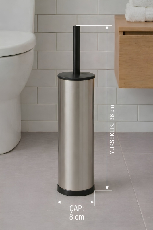 Metal Tuvalet Fırçası - Modern Banyo Klozet Fırça Takımı - Kapaklı Tasarım Titan Krom 7000 - 8