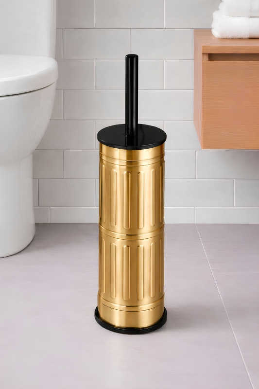 Metal Tuvalet Fırçası - Modern Banyo Klozet Fırça Takımı - Kapaklı Tasarım Titan Vintage Gold 7100 - 2