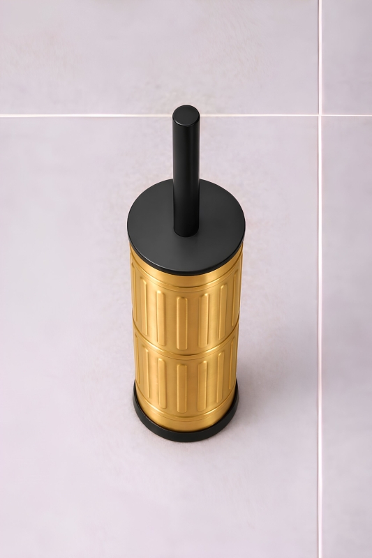 Metal Tuvalet Fırçası - Modern Banyo Klozet Fırça Takımı - Kapaklı Tasarım Titan Vintage Gold 7100 - 3