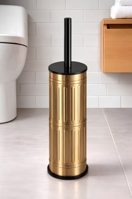 Metal Tuvalet Fırçası - Modern Banyo Klozet Fırça Takımı - Kapaklı Tasarım Titan Vintage Gold 7100 - 4