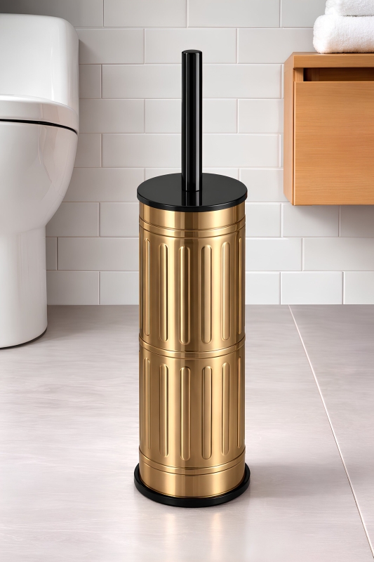 Metal Tuvalet Fırçası - Modern Banyo Klozet Fırça Takımı - Kapaklı Tasarım Titan Vintage Gold 7100 - 4