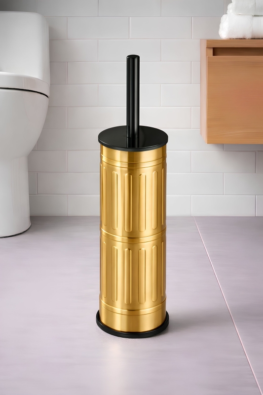 Metal Tuvalet Fırçası - Modern Banyo Klozet Fırça Takımı - Kapaklı Tasarım Titan Vintage Gold 7100 - 5