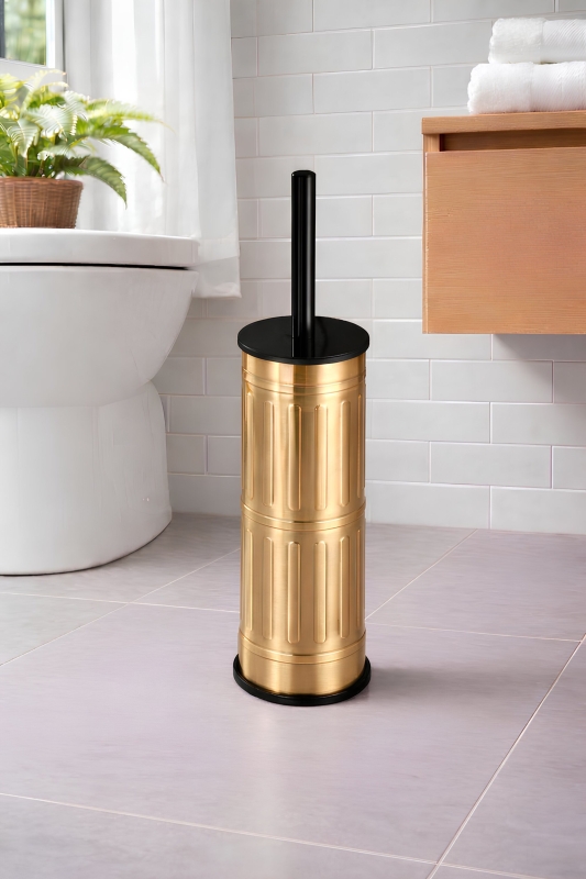 Metal Tuvalet Fırçası - Modern Banyo Klozet Fırça Takımı - Kapaklı Tasarım Titan Vintage Gold 7100 - 6