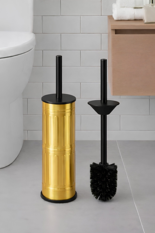 Metal Tuvalet Fırçası - Modern Banyo Klozet Fırça Takımı - Kapaklı Tasarım Titan Vintage Gold 7100 - 7