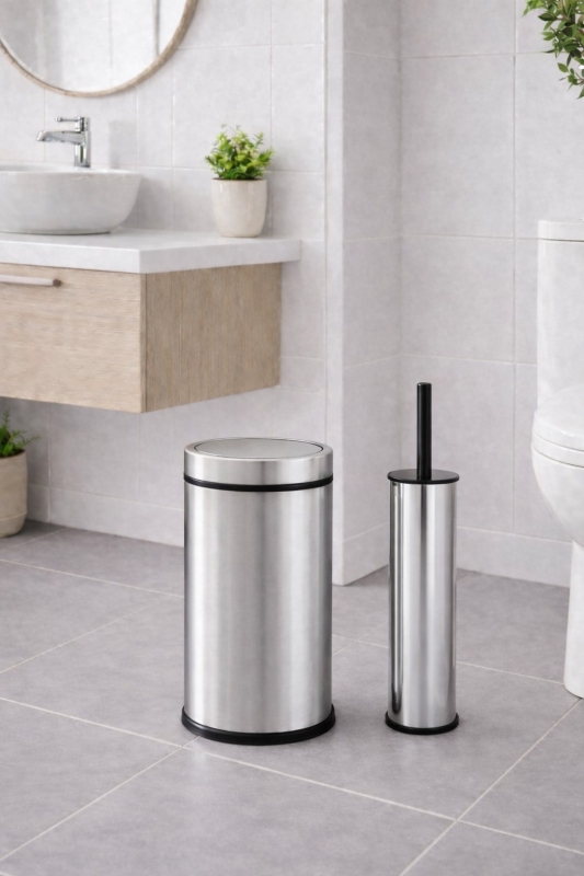 Modern Banyo Seti 8 Lt Döner Kapaklı Çöp Kovası + Tuvalet Fırçası WC Seti - 1