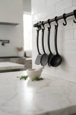 Modern Mat Siyah Mutfak Düzenleyici Set - Askı Aparatlı Spatula, Kevgir, Kaşık ve Kepçe Seti - 7