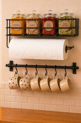Mutfak Düzenleyici Set Yapışkanlı Baharatlık Rafı Kağıt Havluluk ve 6 Kancalı Kupa Askısı Siyah RT-2 - Sas Haus