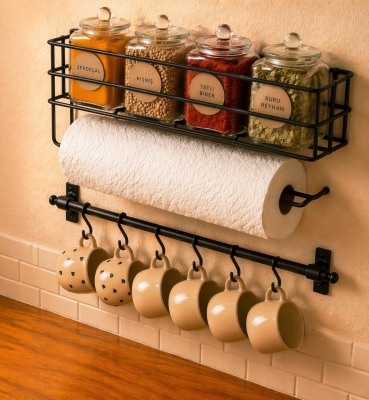 Mutfak Düzenleyici Set Yapışkanlı Baharatlık Rafı Kağıt Havluluk ve 6 Kancalı Kupa Askısı Siyah RT-2 - 2