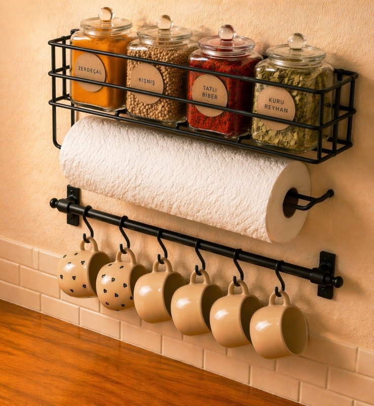 Mutfak Düzenleyici Set Yapışkanlı Baharatlık Rafı Kağıt Havluluk ve 6 Kancalı Kupa Askısı Siyah RT-2 - 2
