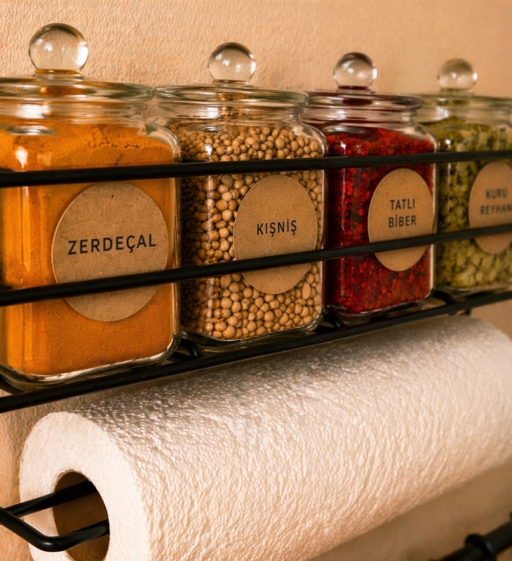 Mutfak Düzenleyici Set Yapışkanlı Baharatlık Rafı Kağıt Havluluk ve 6 Kancalı Kupa Askısı Siyah RT-2 - 3