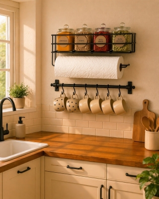 Mutfak Düzenleyici Set Yapışkanlı Baharatlık Rafı Kağıt Havluluk ve 6 Kancalı Kupa Askısı Siyah RT-2 - 5