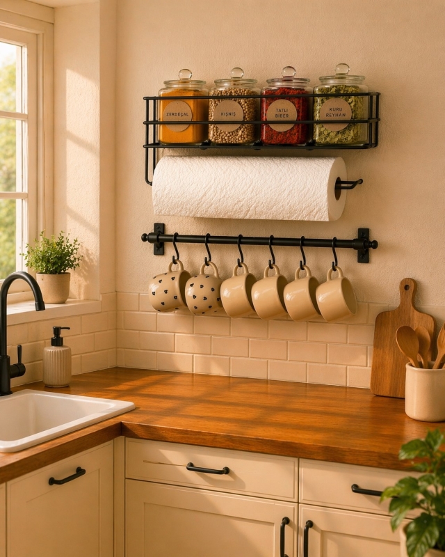 Mutfak Düzenleyici Set Yapışkanlı Baharatlık Rafı Kağıt Havluluk ve 6 Kancalı Kupa Askısı Siyah RT-2 - 5
