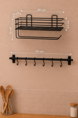 Mutfak Düzenleyici Set Yapışkanlı Baharatlık Rafı Kağıt Havluluk ve 6 Kancalı Kupa Askısı Siyah RT-2 - 6