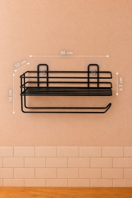 Mutfak Düzenleyici Set Yapışkanlı Baharatlık Rafı Kağıt Havluluk ve 6 Kancalı Kupa Askısı Siyah RT-2 - 7