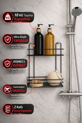Yapışkanlı Siyah Banyo Rafı Delme Gerektirmeyen Duş Organizeri Şampuanlık 2 Katlı Siyah TŞ-02 - Sas Haus