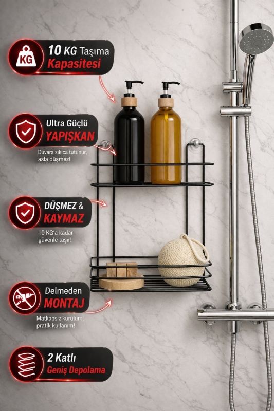 SAS Hausgerate 2 Katlı Yapışkanlı Banyo Rafı – Delmeden Duş Şampuanlık, Siyah Metal Köşe Raf Tş-02 - 1