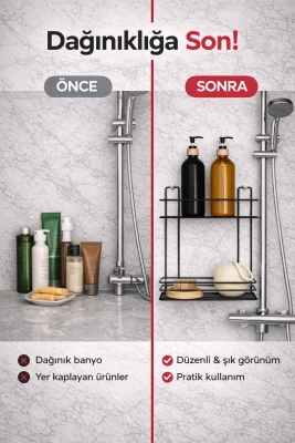 SAS Hausgerate 2 Katlı Yapışkanlı Banyo Rafı – Delmeden Duş Şampuanlık, Siyah Metal Köşe Raf Tş-02 - 2