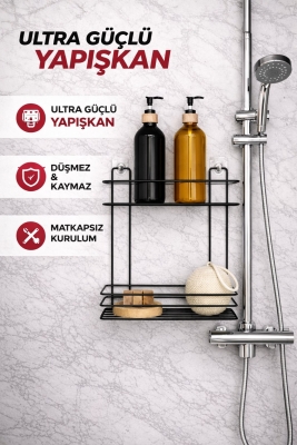 SAS Hausgerate 2 Katlı Yapışkanlı Banyo Rafı – Delmeden Duş Şampuanlık, Siyah Metal Köşe Raf Tş-02 - 3