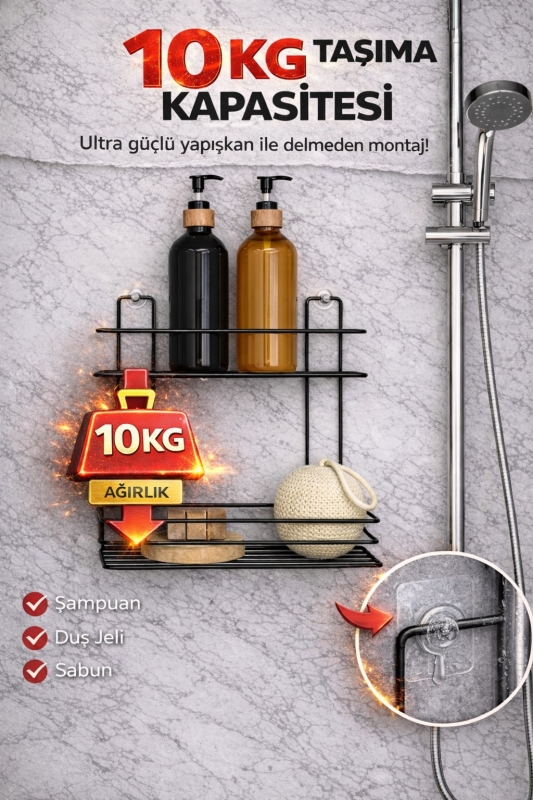 SAS Hausgerate 2 Katlı Yapışkanlı Banyo Rafı – Delmeden Duş Şampuanlık, Siyah Metal Köşe Raf Tş-02 - 4