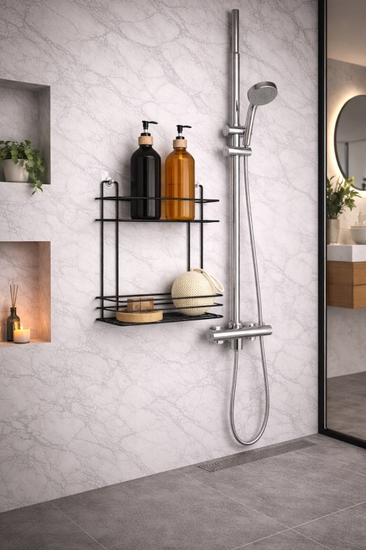 SAS Hausgerate 2 Katlı Yapışkanlı Banyo Rafı – Delmeden Duş Şampuanlık, Siyah Metal Köşe Raf Tş-02 - 6