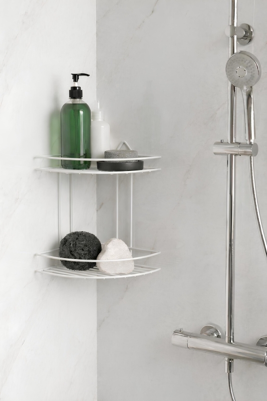 Banyo Köşe Rafı Askılı Duş Organizeri ve Şampuanlık 2 Katlı Beyaz EK-02 - 1