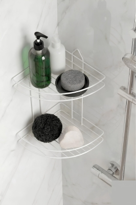 Banyo Köşe Rafı Askılı Duş Organizeri ve Şampuanlık 2 Katlı Beyaz EK-02 - 2