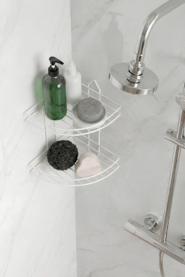 Banyo Köşe Rafı Askılı Duş Organizeri ve Şampuanlık 2 Katlı Beyaz EK-02 - 5
