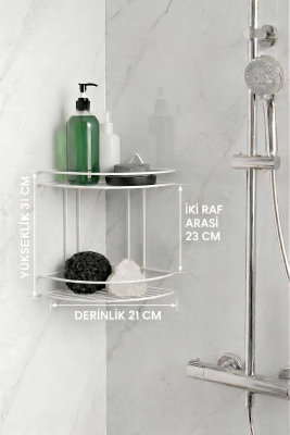 Banyo Köşe Rafı Askılı Duş Organizeri ve Şampuanlık 2 Katlı Beyaz EK-02 - 7