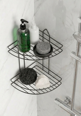 Banyo Köşe Rafı Askılı Duş Organizeri ve Şampuanlık 2 Katlı Siyah EK-02 - 2