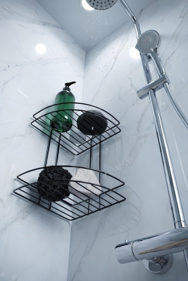 Banyo Köşe Rafı Askılı Duş Organizeri ve Şampuanlık 2 Katlı Siyah EK-02 - 3