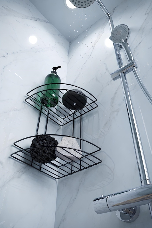Banyo Köşe Rafı Askılı Duş Organizeri ve Şampuanlık 2 Katlı Siyah EK-02 - 3