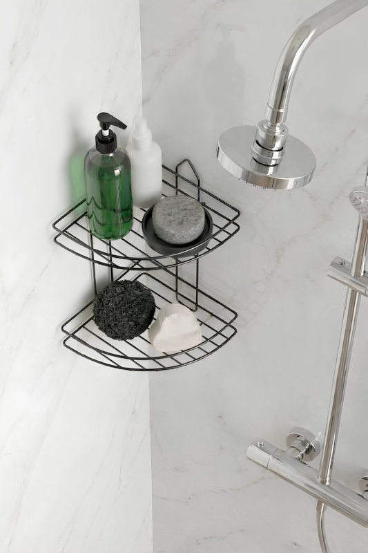 Banyo Köşe Rafı Askılı Duş Organizeri ve Şampuanlık 2 Katlı Siyah EK-02 - 5