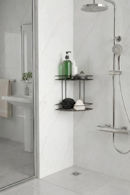 Banyo Köşe Rafı Askılı Duş Organizeri ve Şampuanlık 2 Katlı Siyah EK-02 - 6