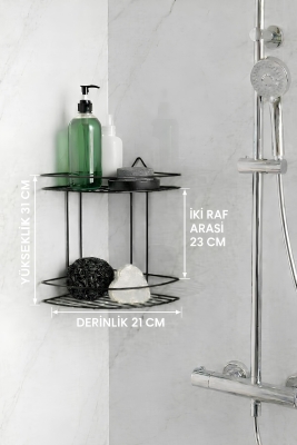 Banyo Köşe Rafı Askılı Duş Organizeri ve Şampuanlık 2 Katlı Siyah EK-02 - 7