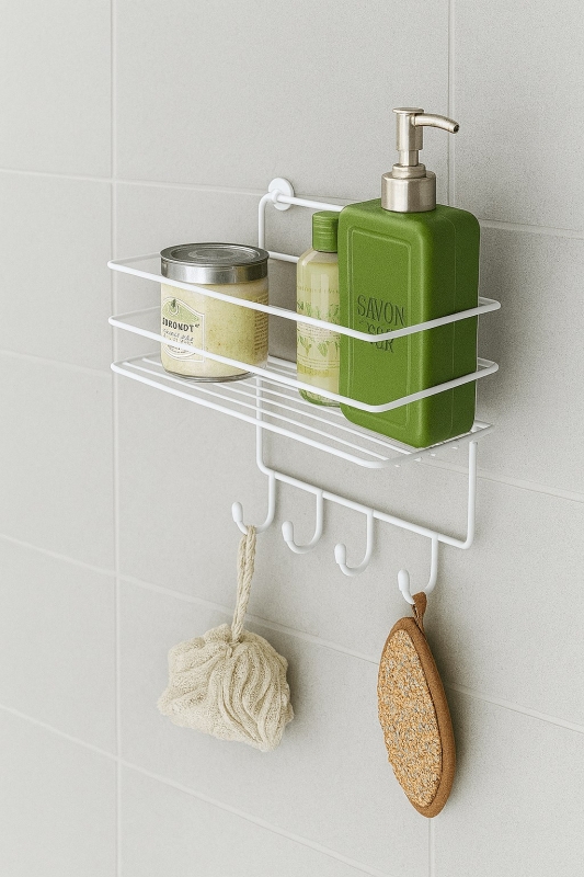 Paslanmaz Beyaz Yapışkanlı Banyo Duş Rafı Şampuanlık, 4 Kancalı, Dayanıklı, Şık Düzenleyici - TŞ-01 - 2