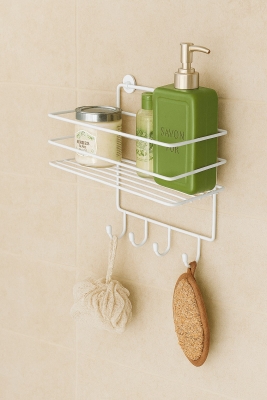 Paslanmaz Beyaz Yapışkanlı Banyo Duş Rafı Şampuanlık, 4 Kancalı, Dayanıklı, Şık Düzenleyici - TŞ-01 - 4